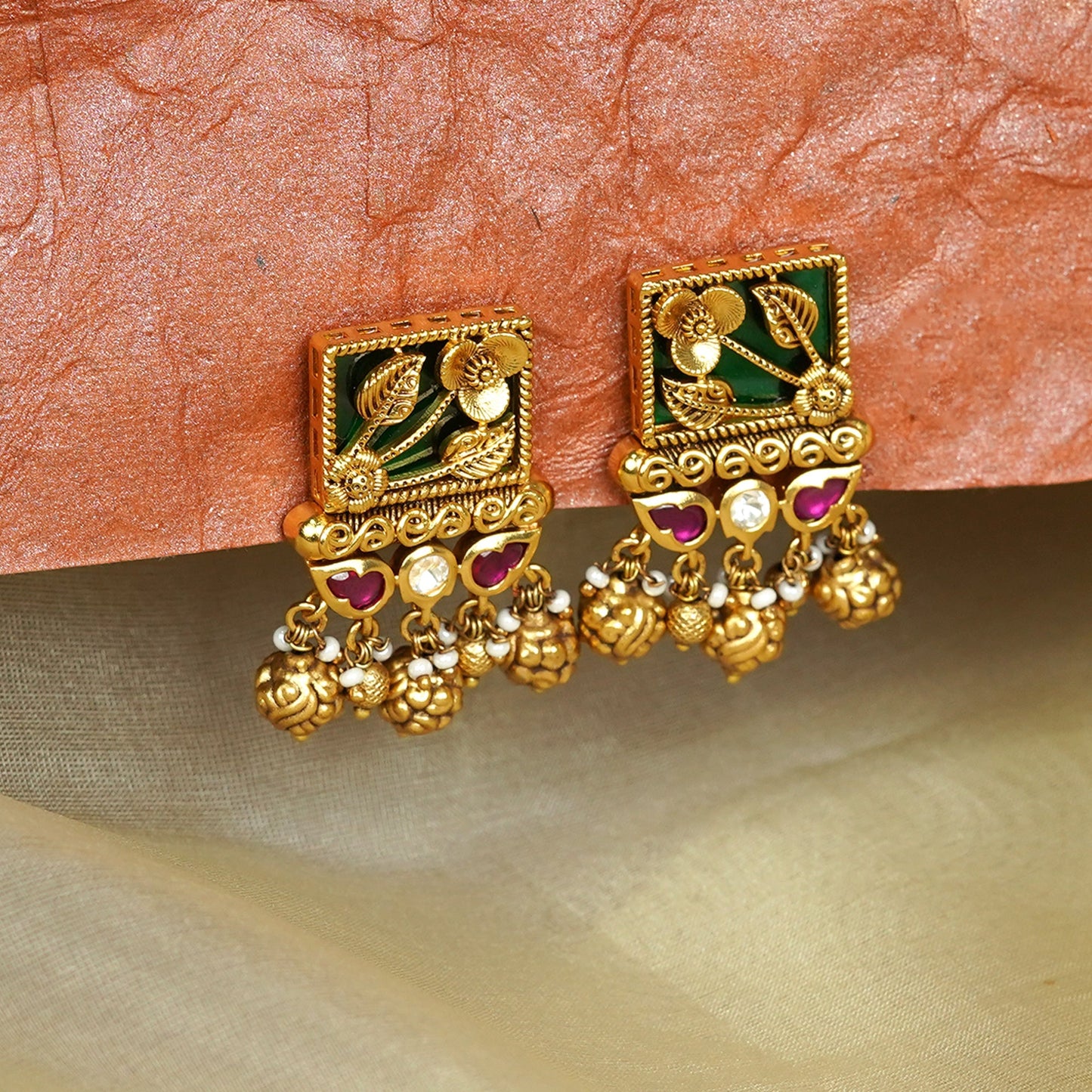 Zevar Club 22K Gold-Plated Green Enamelled Square Flora Earrings with Ruby Stones & Golden Danglers