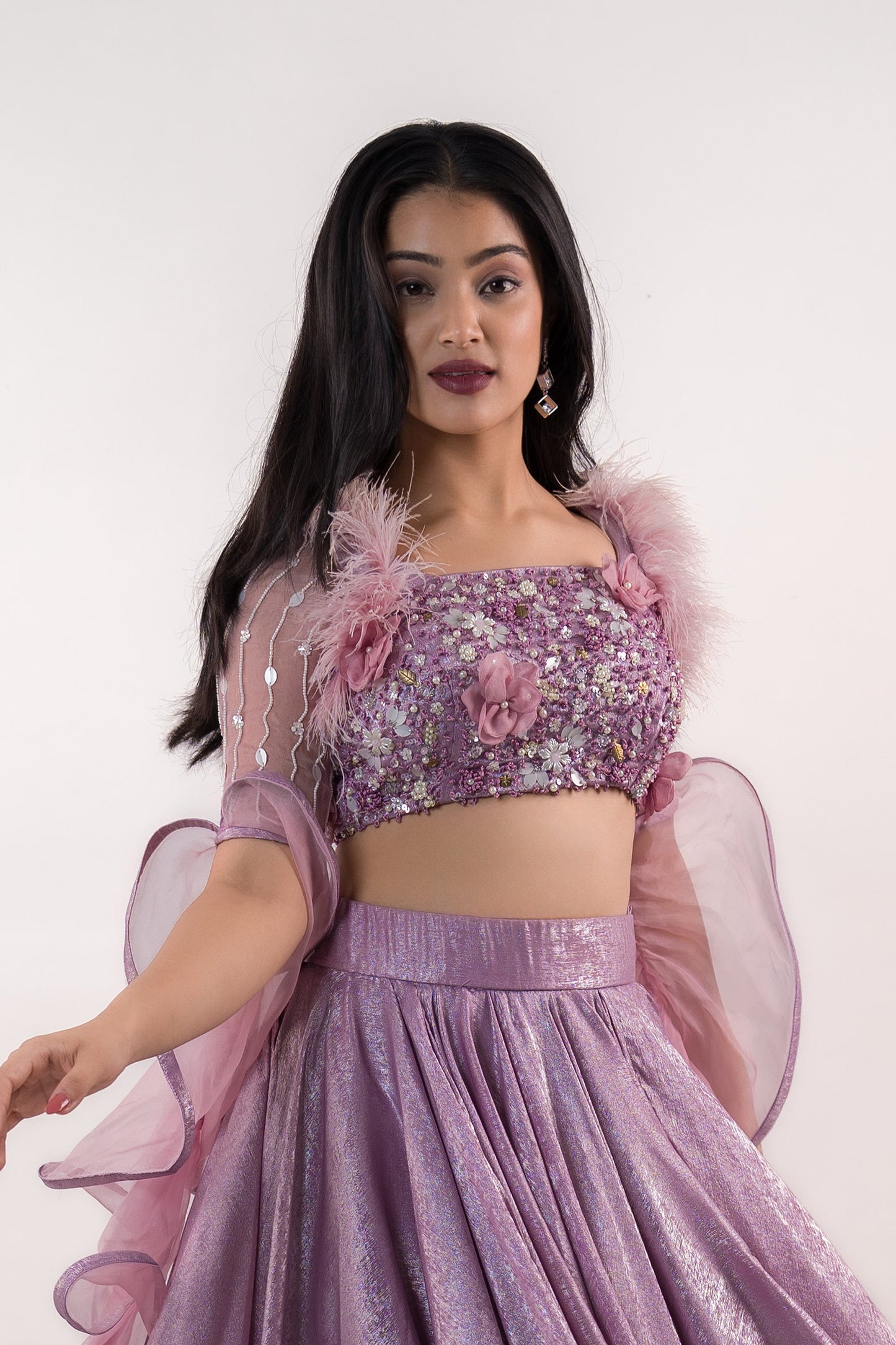 Glimmer Purple Three Layers Asymmetric Skirt With Crop-Top Attached Ruffle Sleeves