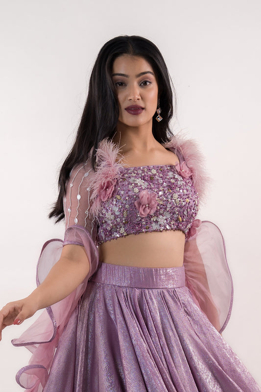Glimmer Purple Three Layers Asymmetric Skirt With Crop-Top Attached Ruffle Sleeves