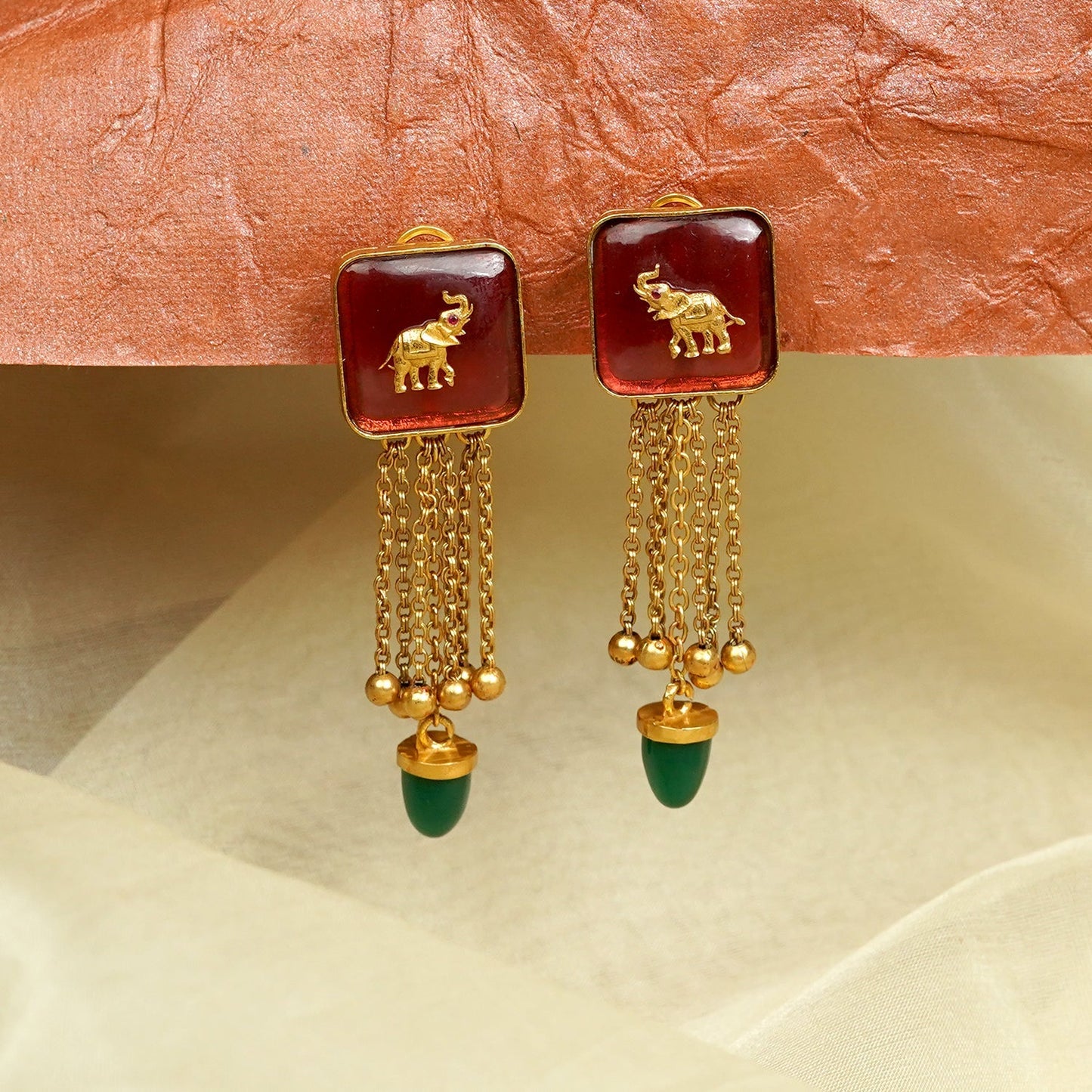 Zevar Club 22K Gold-Plated Red Enamel Elephant Motif Earring with Green Beads & Chain Drop
