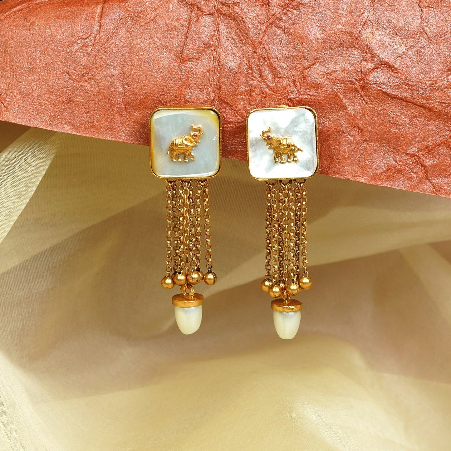 Zevar Club 22K Gold-Plated Handcrafted White Enamelled Elephant Motif Earrings with White Beads & Multi-Layered Chain Drops