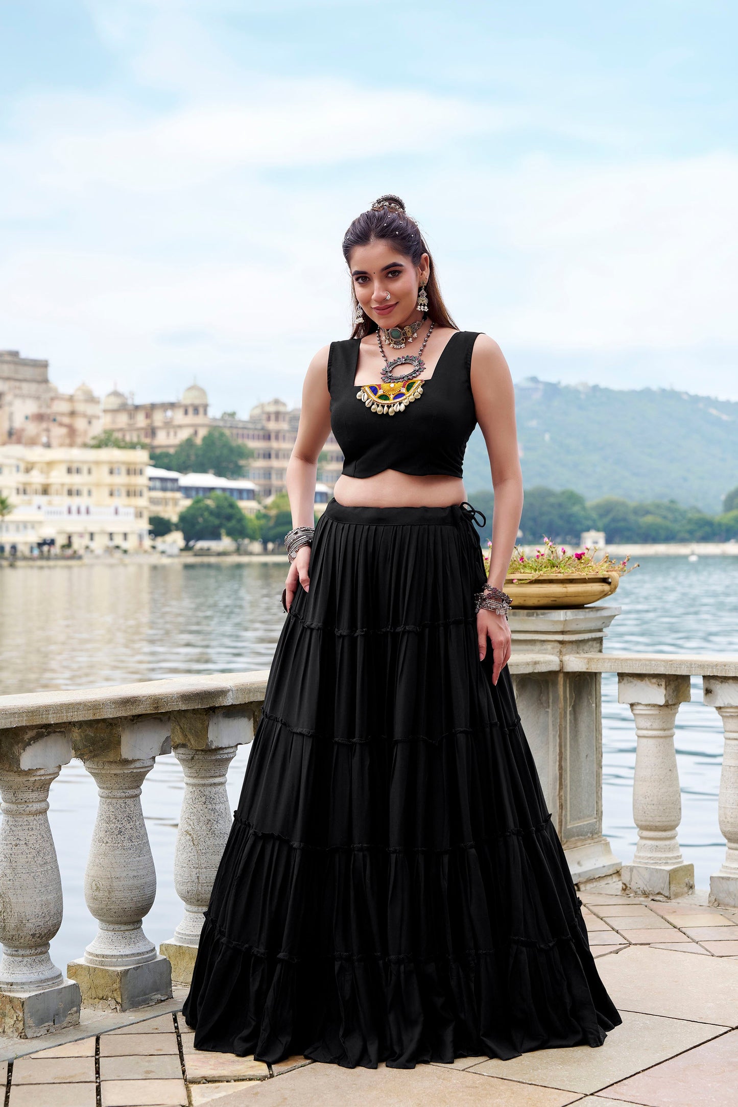 Black Rayon Mirror Gamthi Work Navratri Lehenga Choli