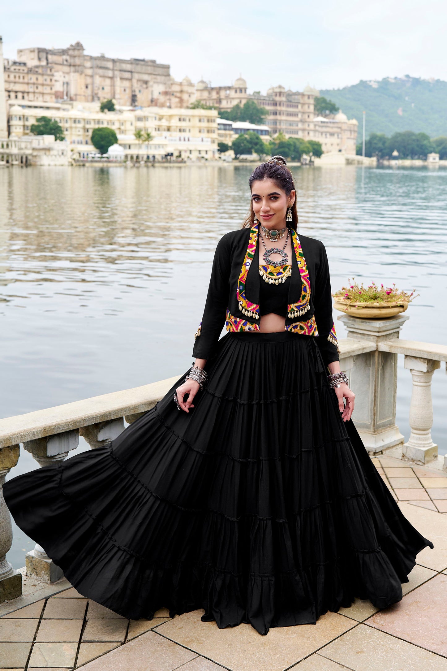 Black Rayon Mirror Gamthi Work Navratri Lehenga Choli