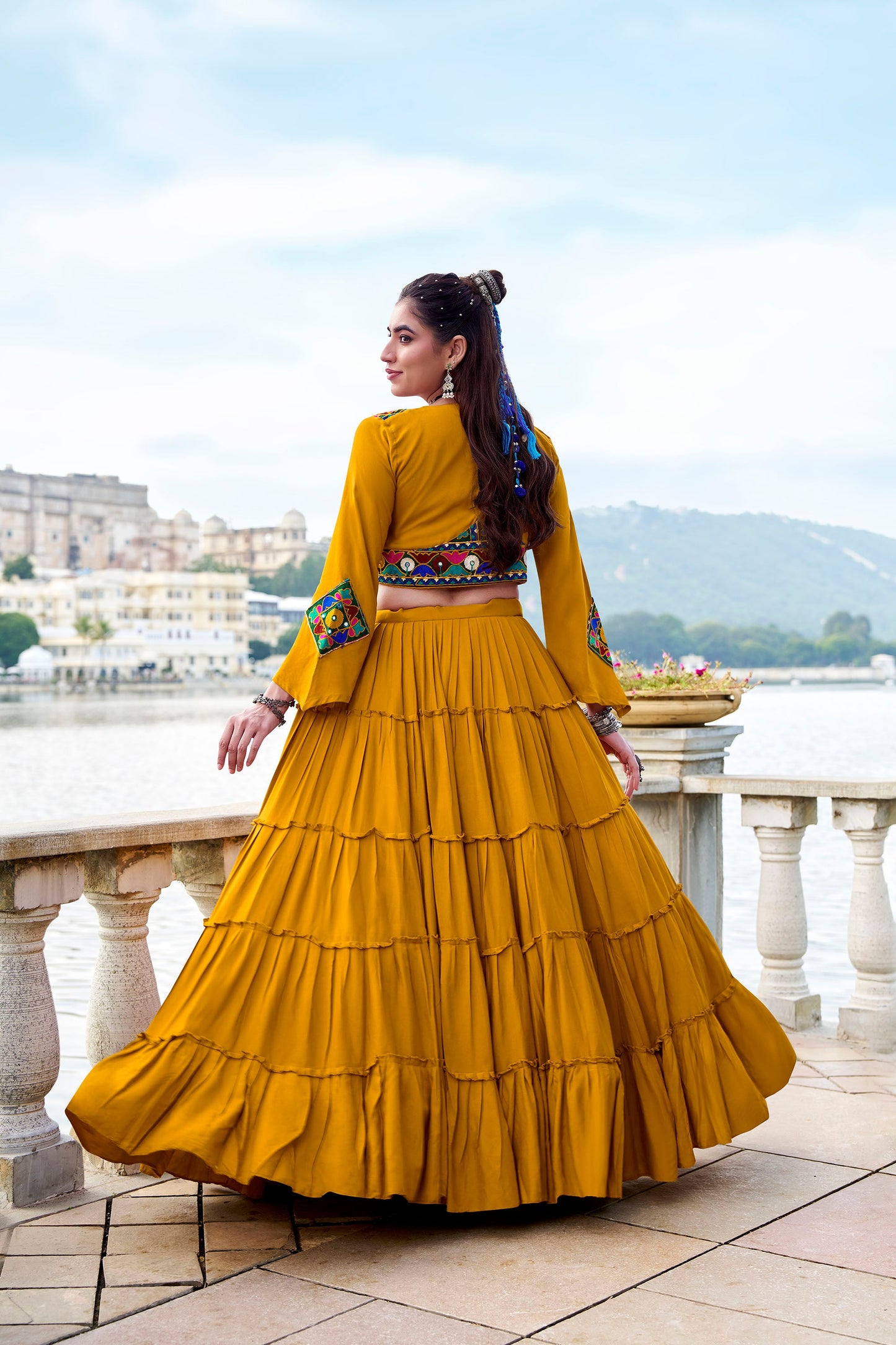 Mustard Rayon Mirror Gamthi Work Navratri Lehenga Choli