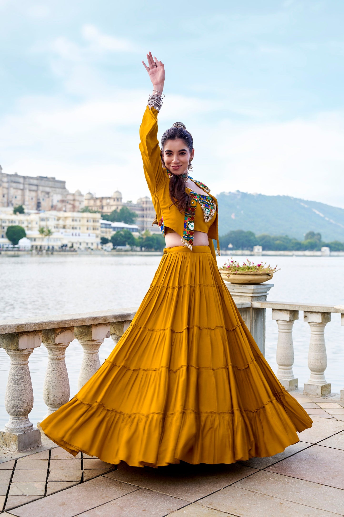 Mustard Rayon Mirror Gamthi Work Navratri Lehenga Choli