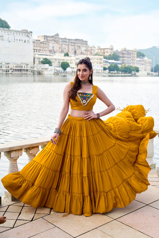 Mustard Rayon Mirror Gamthi Work Navratri Lehenga Choli