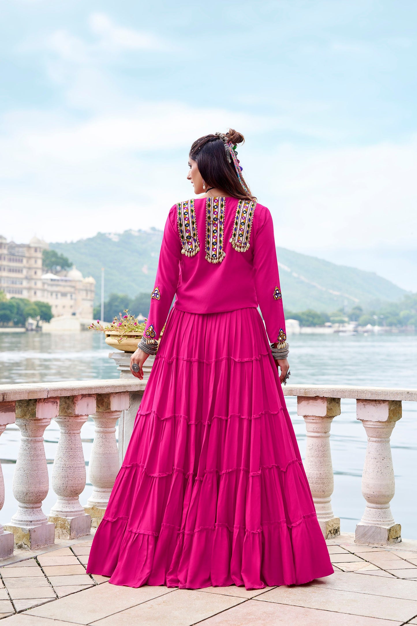 Pink Rayon Mirror Gamthi Work Navratri Lehenga Choli