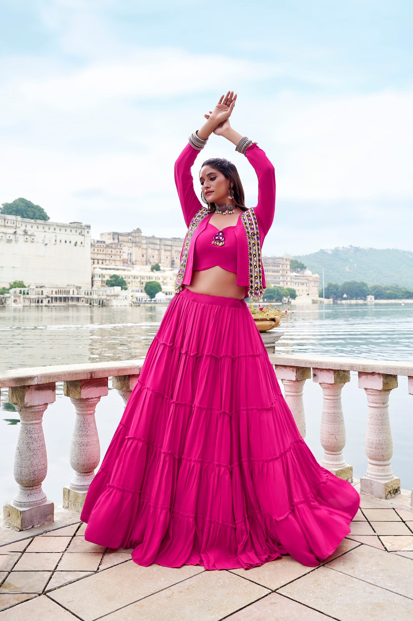 Pink Rayon Mirror Gamthi Work Navratri Lehenga Choli