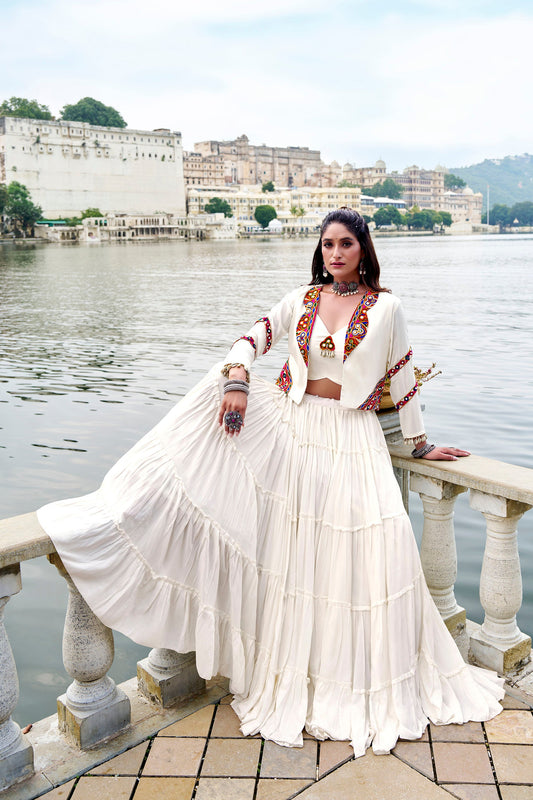 White Rayon Mirror Gamthi Work Navratri Lehenga Choli