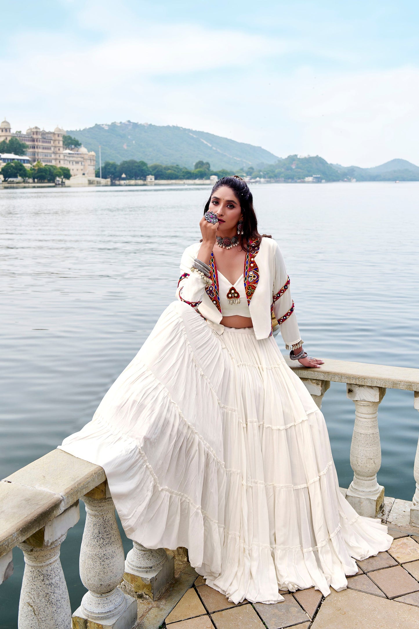 White Rayon Mirror Gamthi Work Navratri Lehenga Choli