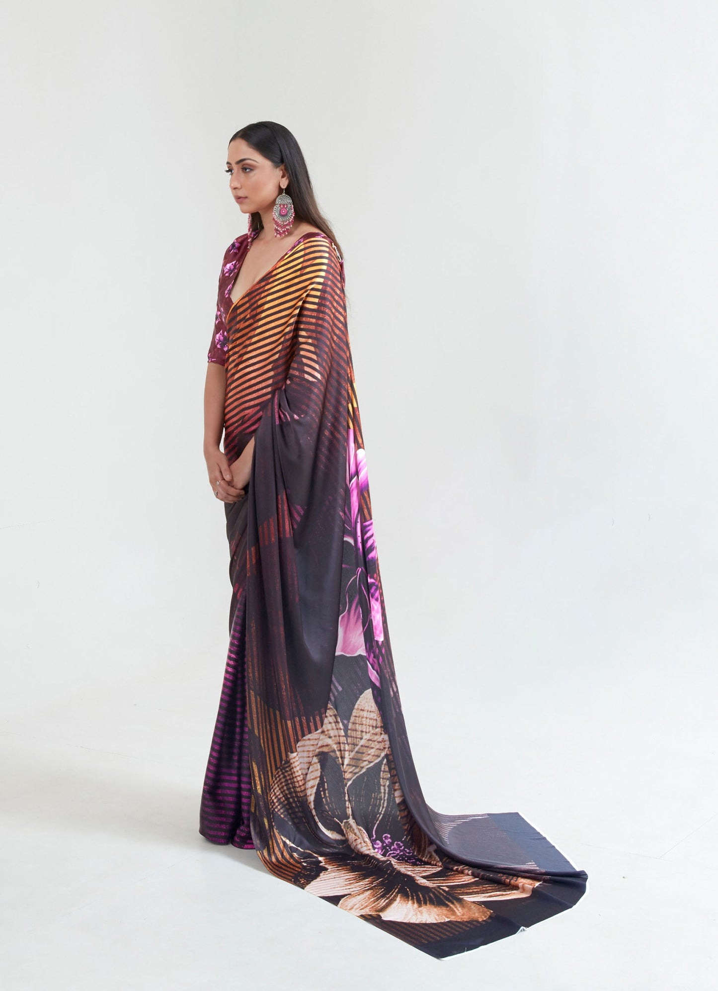 Brown Multi Colored Abstract Print Kouture Printoria Digital Silk Saree