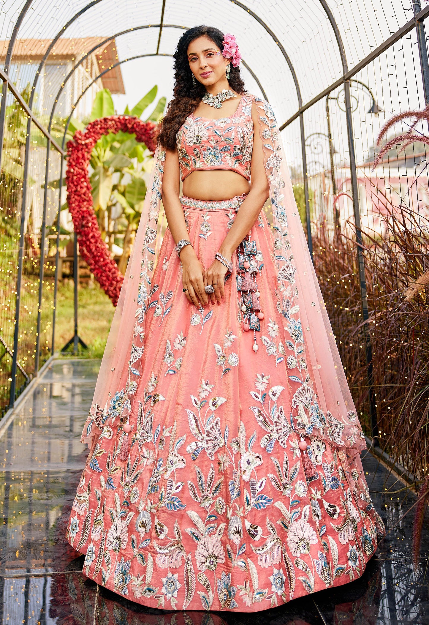 Orange colour with Sequinse & Thread embroidery Lehenga choli & Dupatta