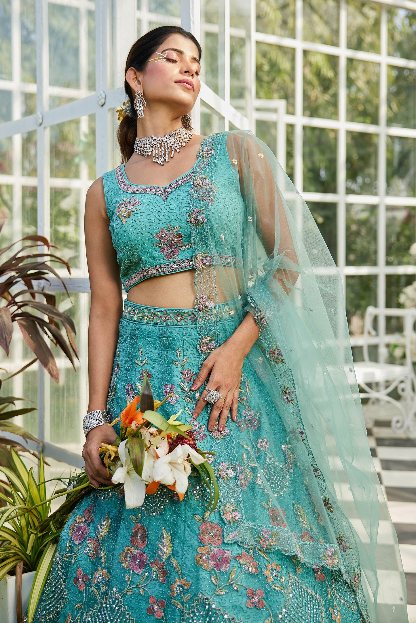 Lime Green net with Coding & Zarkan embroidery Lehenga choli & Dupatta