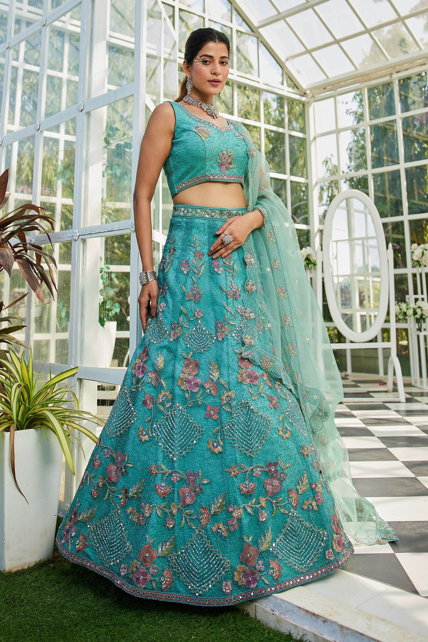 Lime Green net with Coding & Zarkan embroidery Lehenga choli & Dupatta