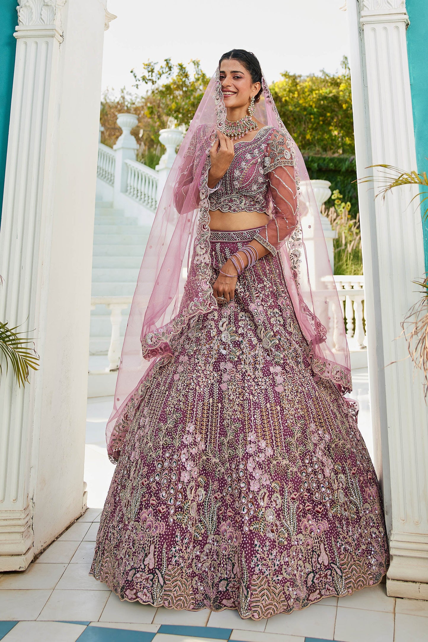 Lavender net and Coding & Zarkan embroidery Lehenga choli & Dupatta