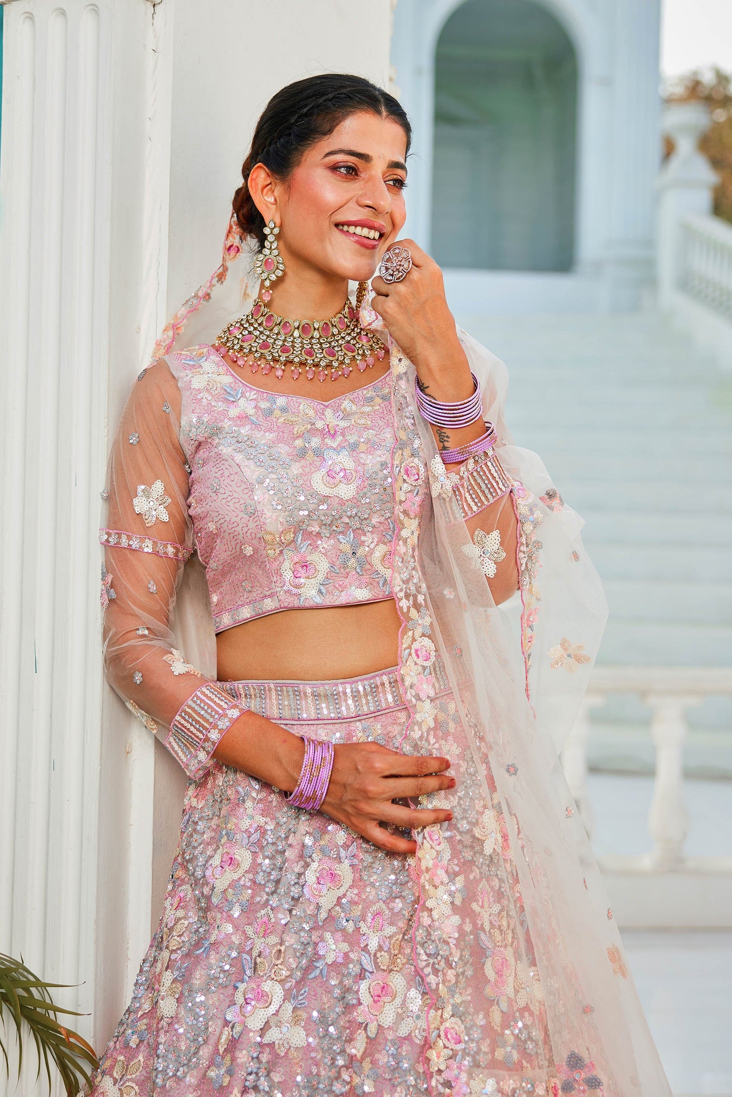 Grey net with Sequinse & Zarkan embroidery Lehenga choli & Dupatta