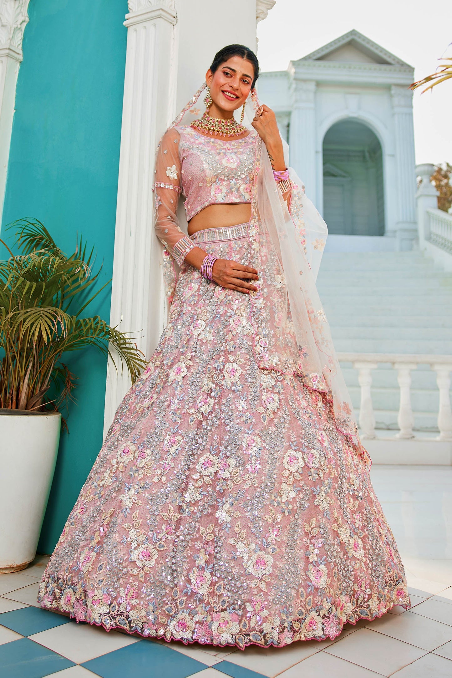 Grey net with Sequinse & Zarkan embroidery Lehenga choli & Dupatta