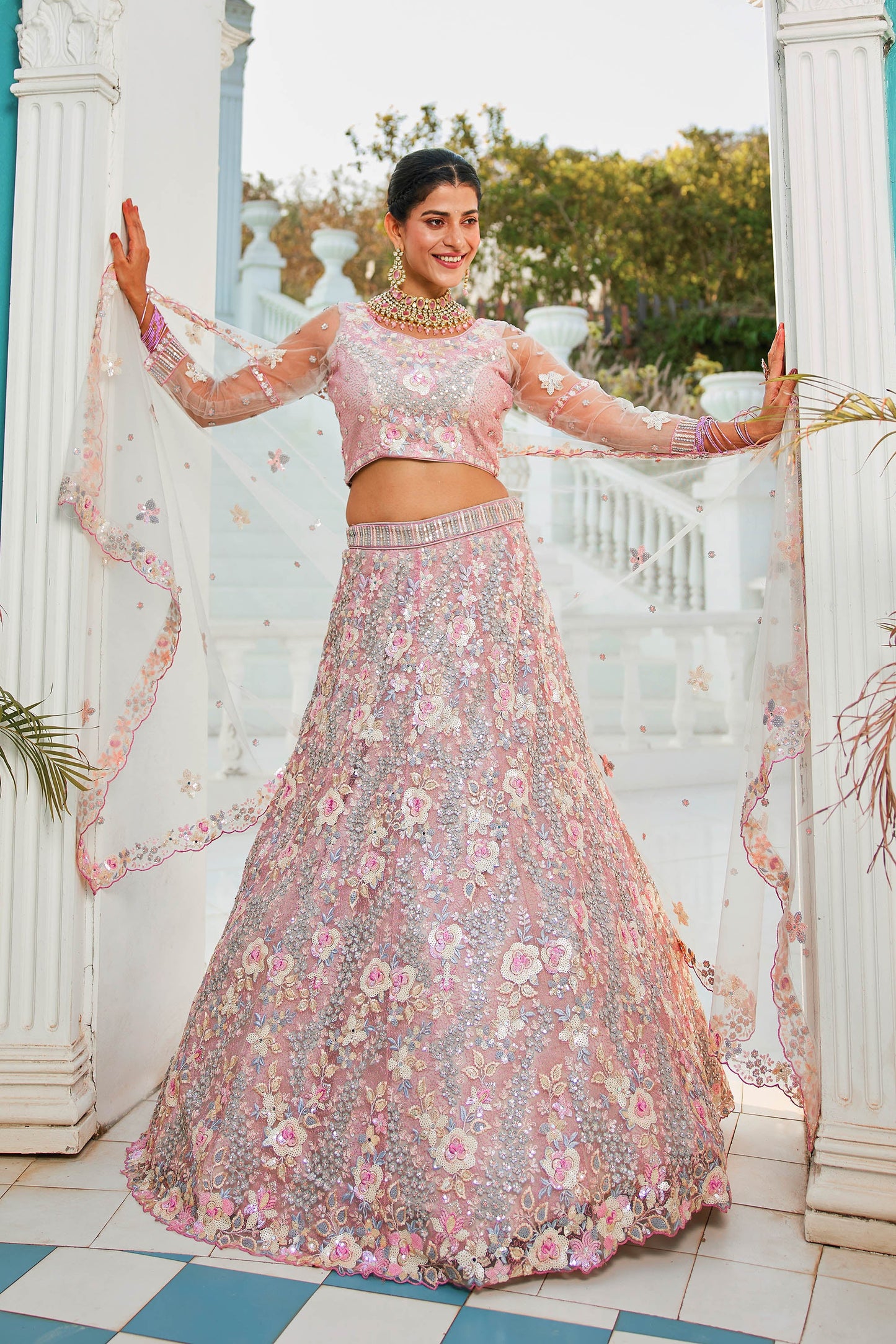 Grey net with Sequinse & Zarkan embroidery Lehenga choli & Dupatta
