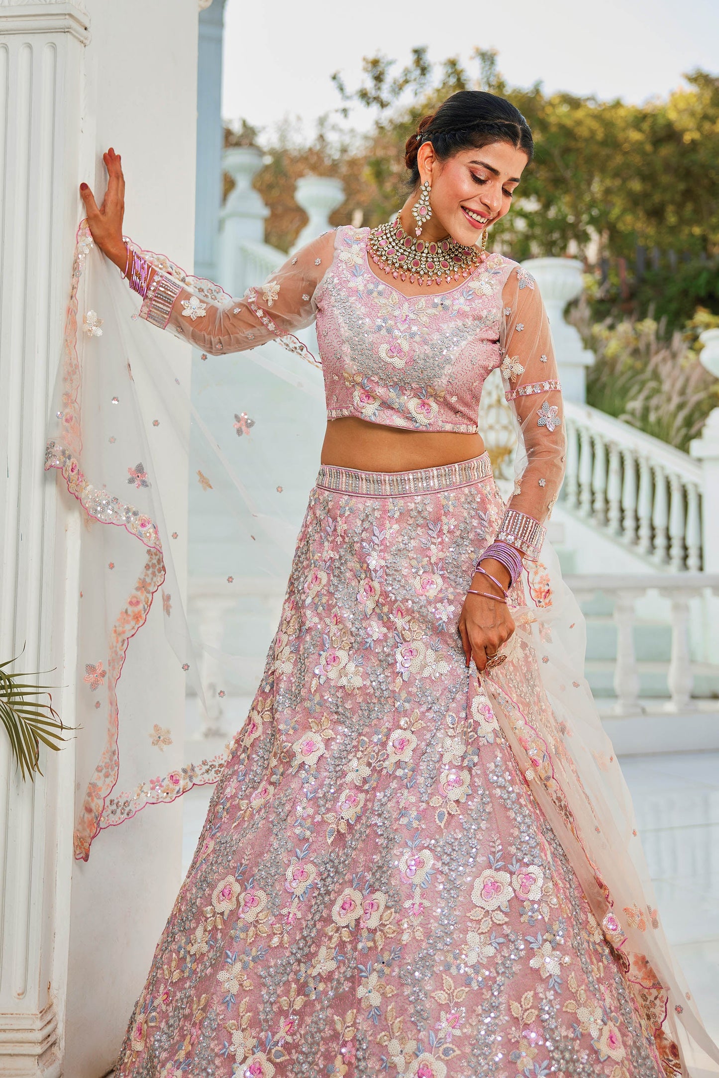 Grey net with Sequinse & Zarkan embroidery Lehenga choli & Dupatta