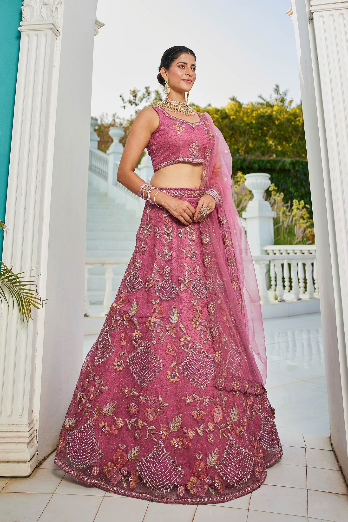 Pink net with Coding & Zarkan embroidery Lehenga choli & Dupatta