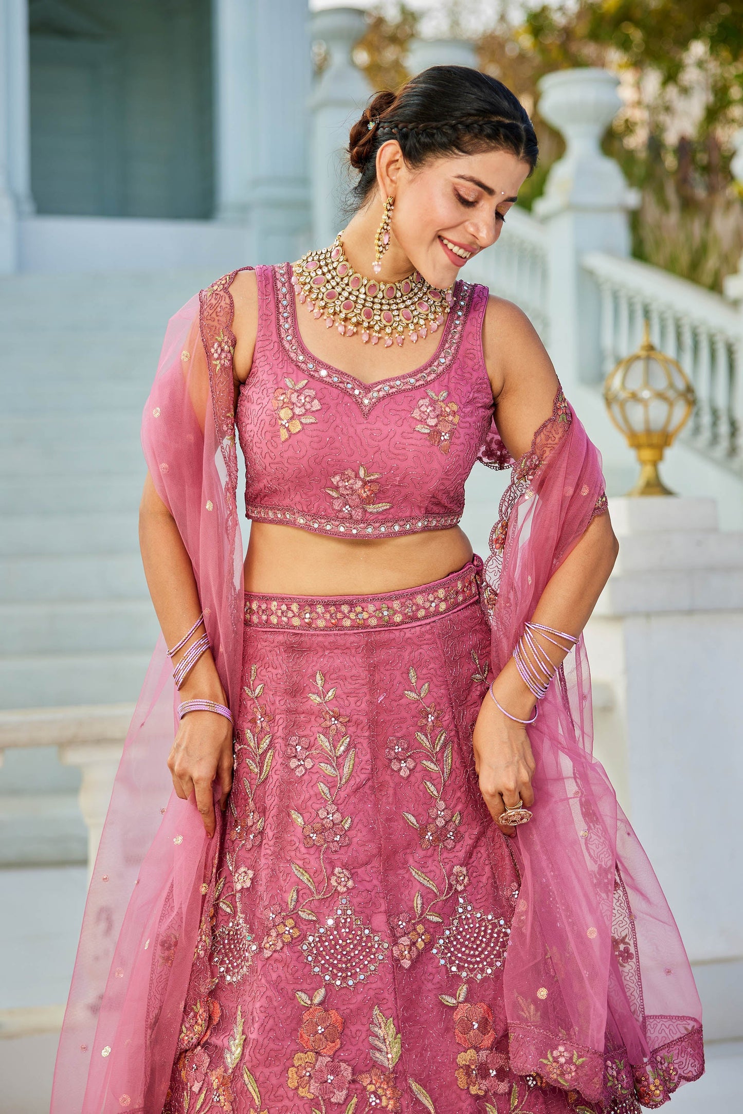 Pink net with Coding & Zarkan embroidery Lehenga choli & Dupatta
