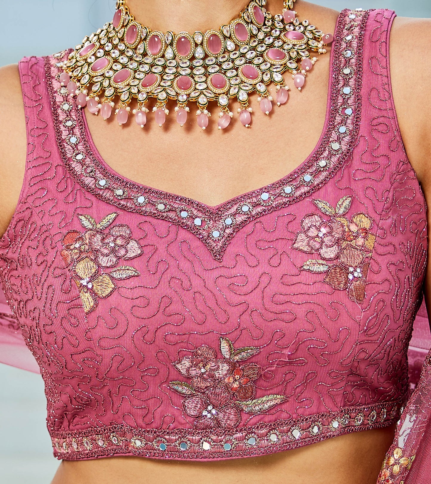Pink net with Coding & Zarkan embroidery Lehenga choli & Dupatta