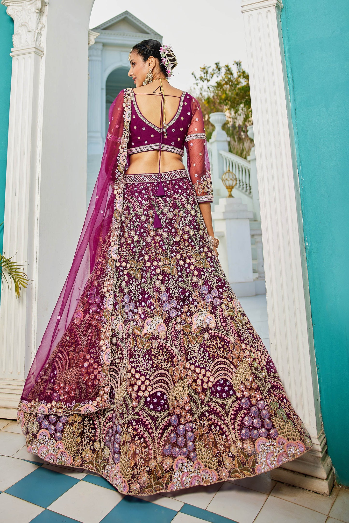 Burgundy net with Coding & Zarkan embroidery Lehenga choli & Dupatta