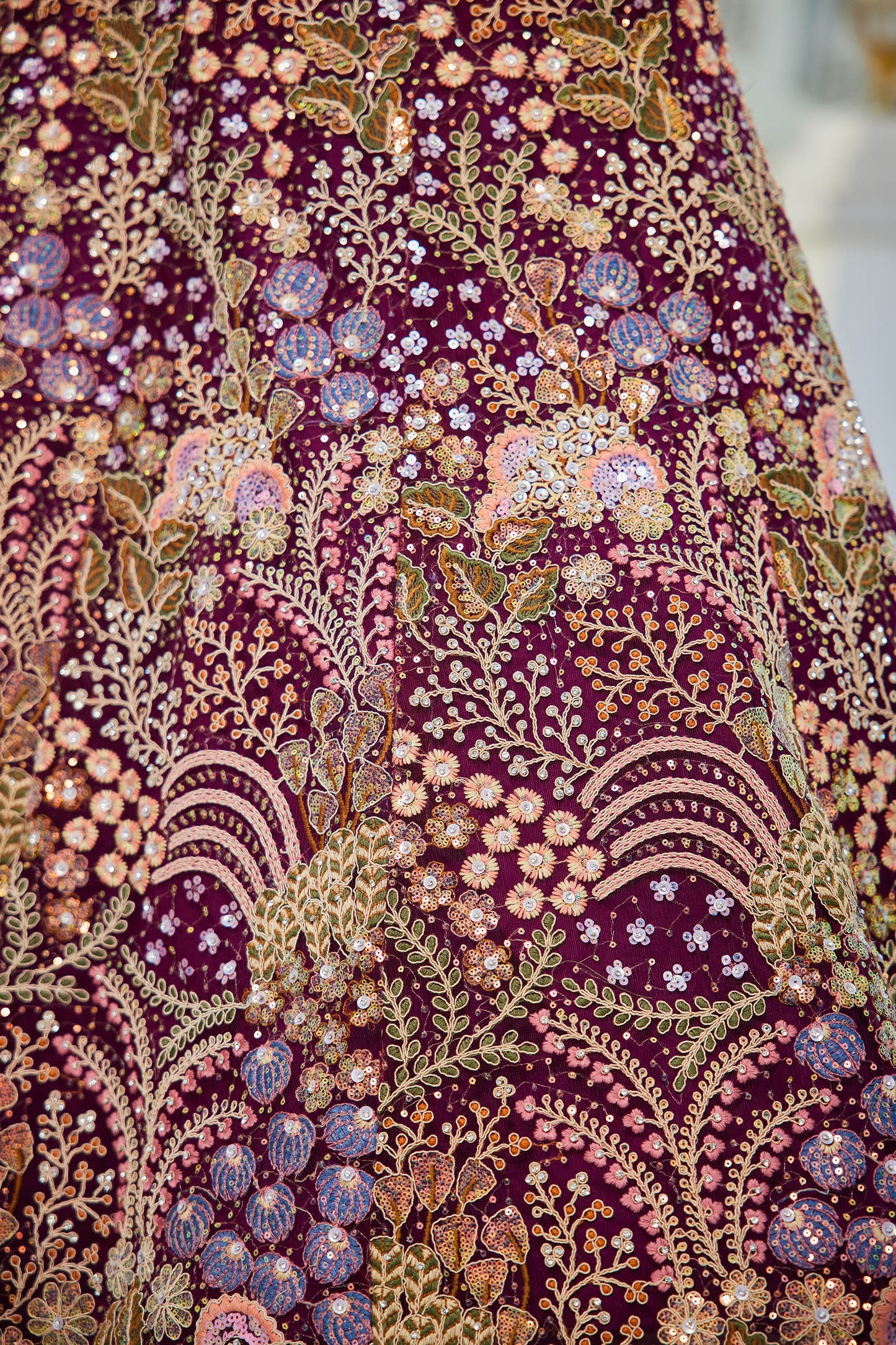 Burgundy net with Coding & Zarkan embroidery Lehenga choli & Dupatta