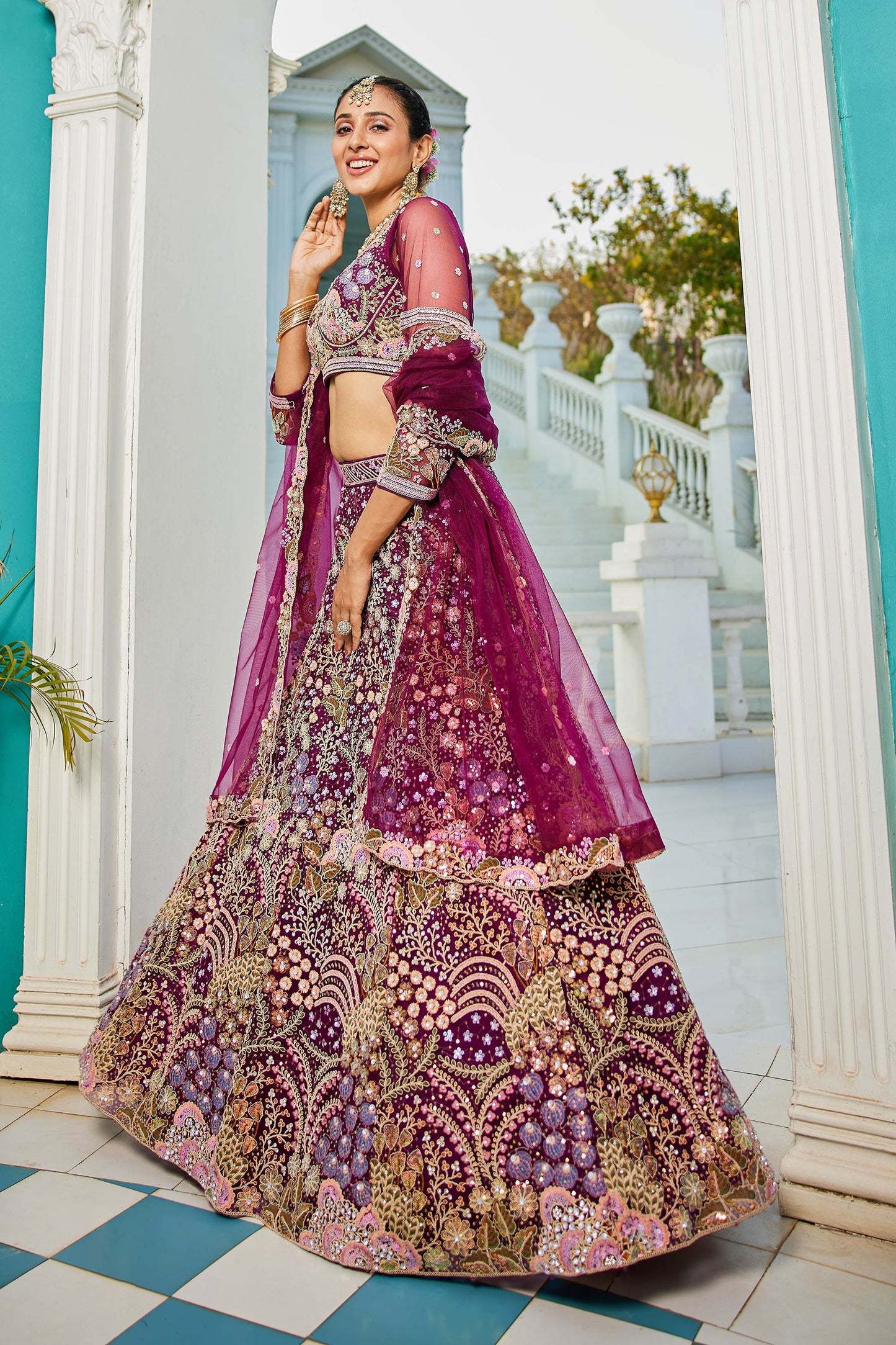 Burgundy net with Coding & Zarkan embroidery Lehenga choli & Dupatta
