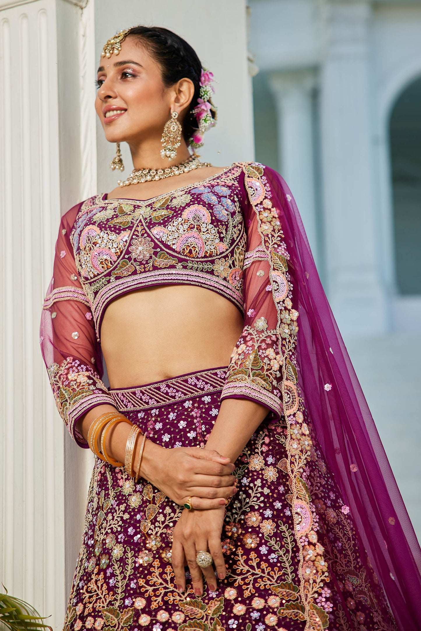Burgundy net with Coding & Zarkan embroidery Lehenga choli & Dupatta
