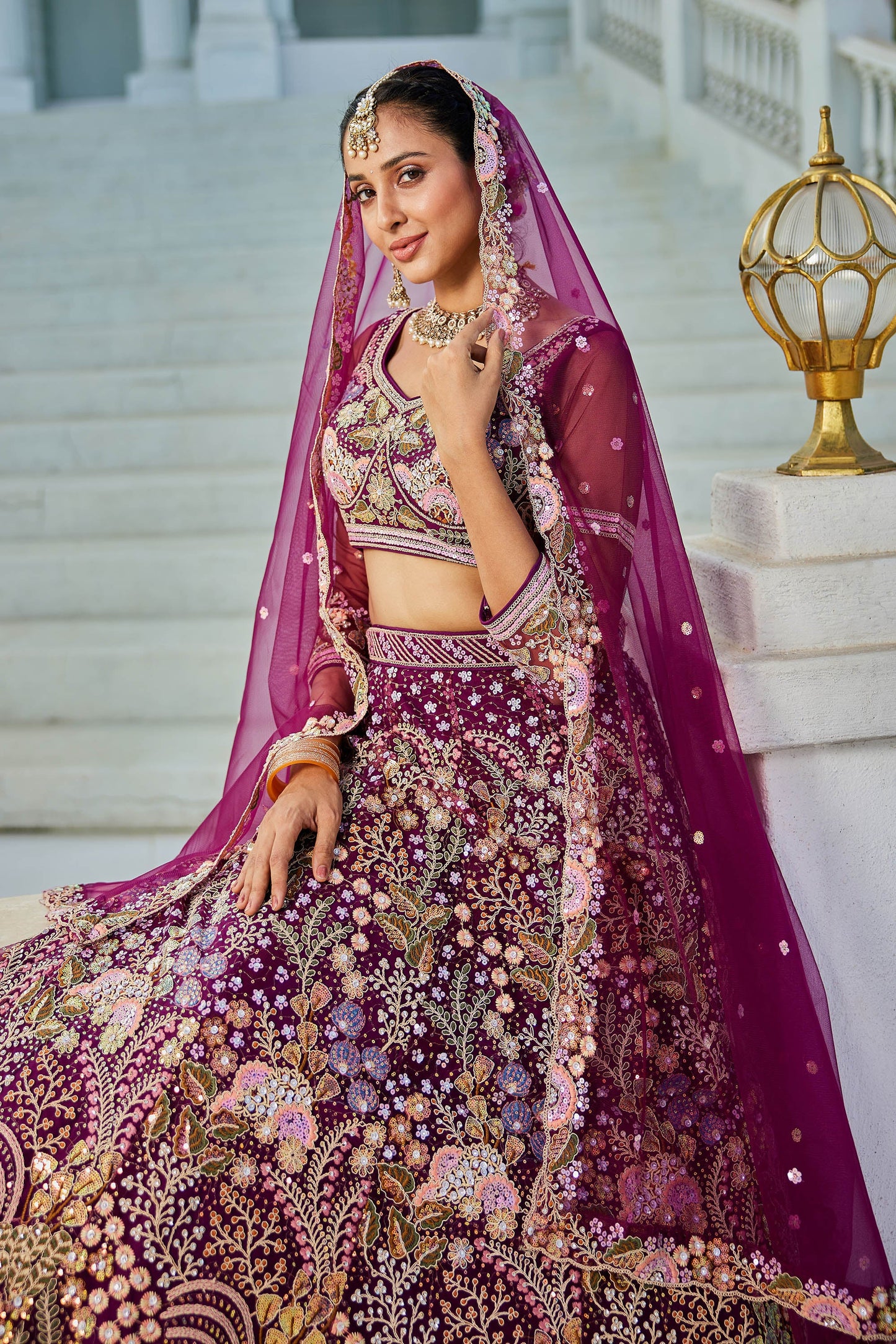 Burgundy net with Coding & Zarkan embroidery Lehenga choli & Dupatta