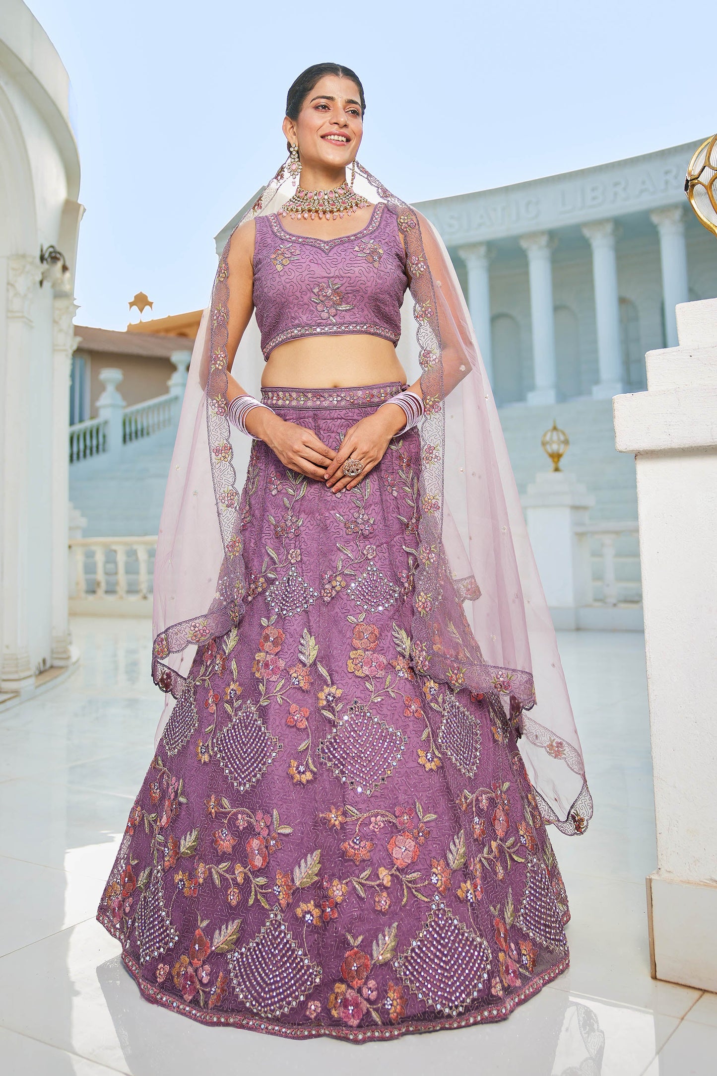 Purple net with Coding & Zarkan embroidery Lehenga choli & Dupatta