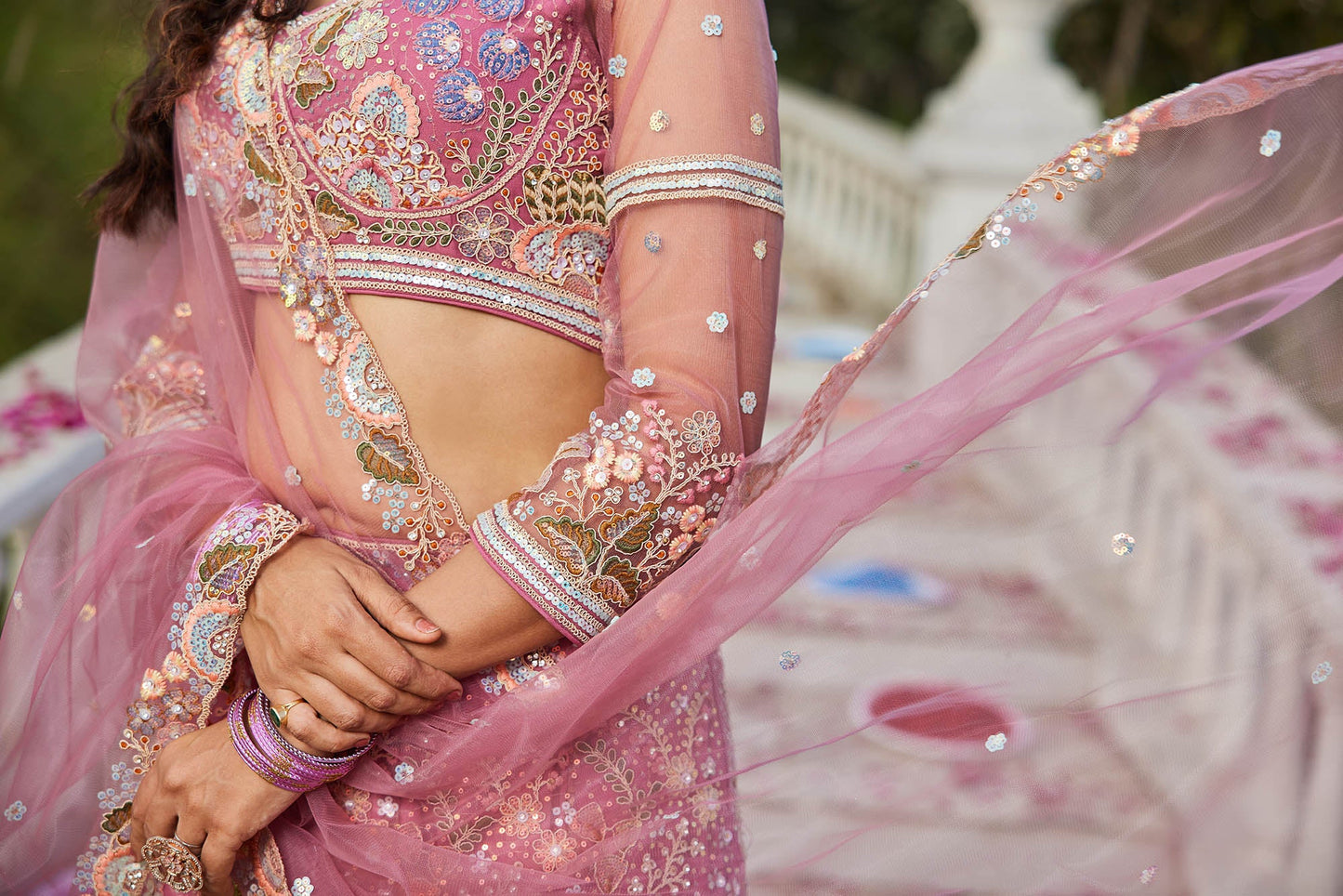 Pink net with Coding & Zarkan embroidery Lehenga choli & Dupatta