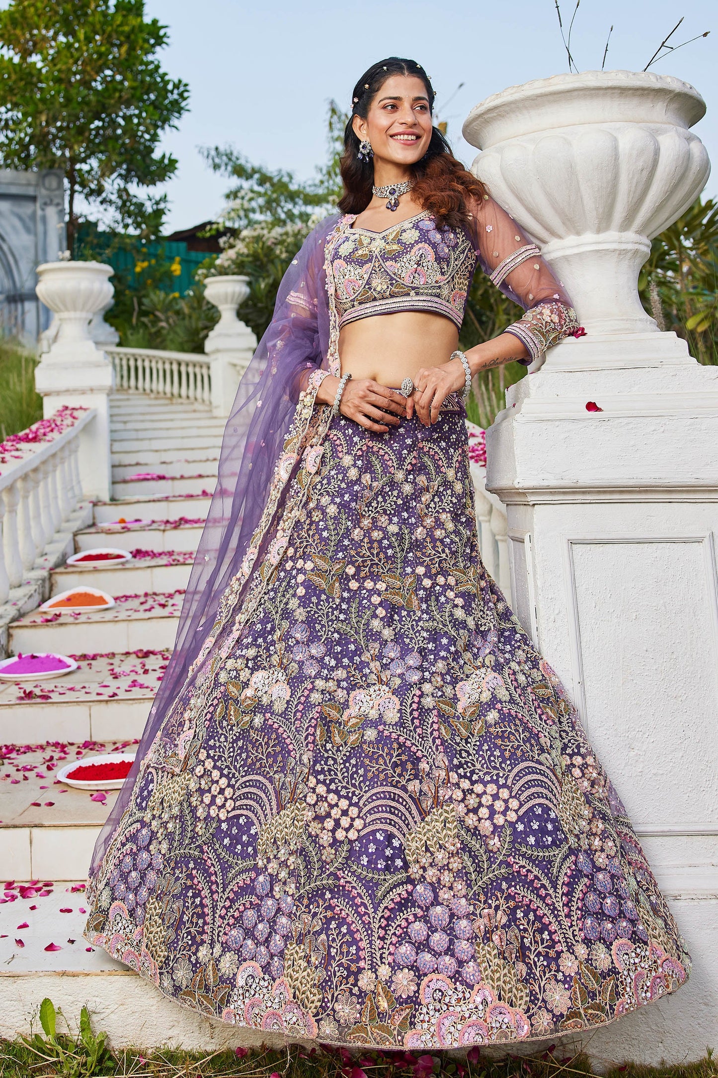 Purple net with Coding & Zarkan embroidery Lehenga choli & Dupatta