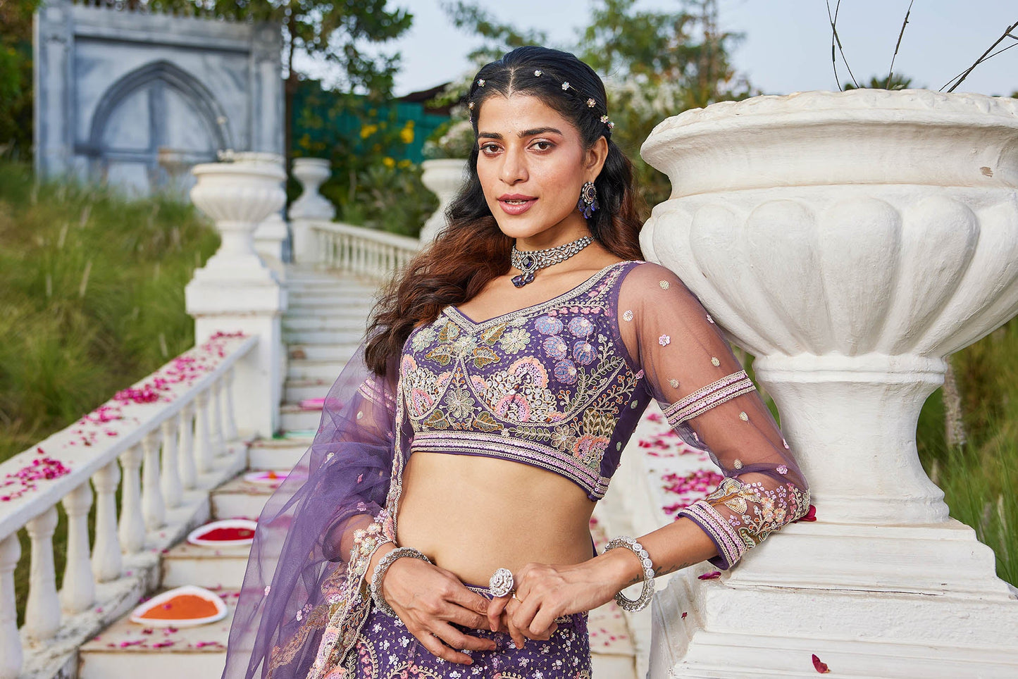 Purple net with Coding & Zarkan embroidery Lehenga choli & Dupatta