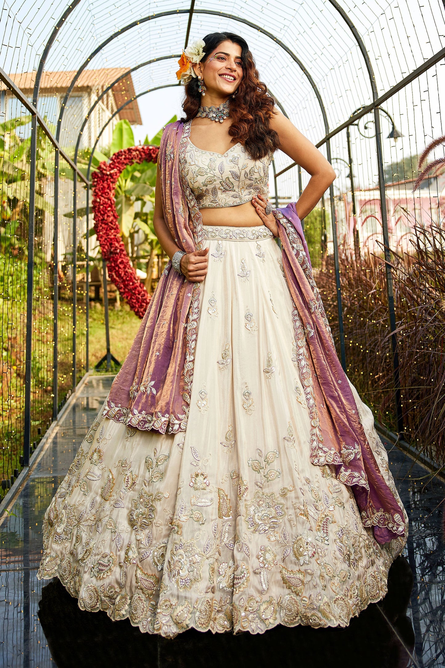 Purple colour tissue Fabric with Sequins & Thread embroidery Lehenga choli & Dupatta