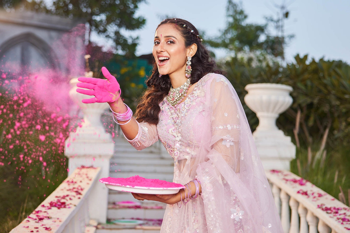 Pink net with Sequinse & Zarkan embroidery Lehenga choli & Dupatta