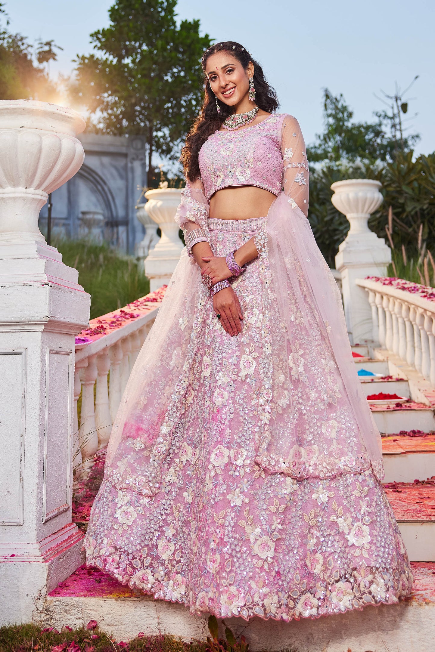 Pink net with Sequinse & Zarkan embroidery Lehenga choli & Dupatta
