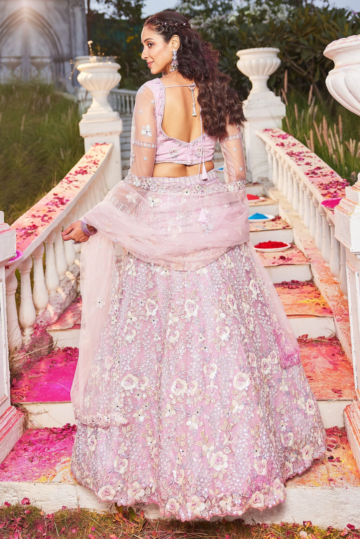 Pink net with Sequinse & Zarkan embroidery Lehenga choli & Dupatta