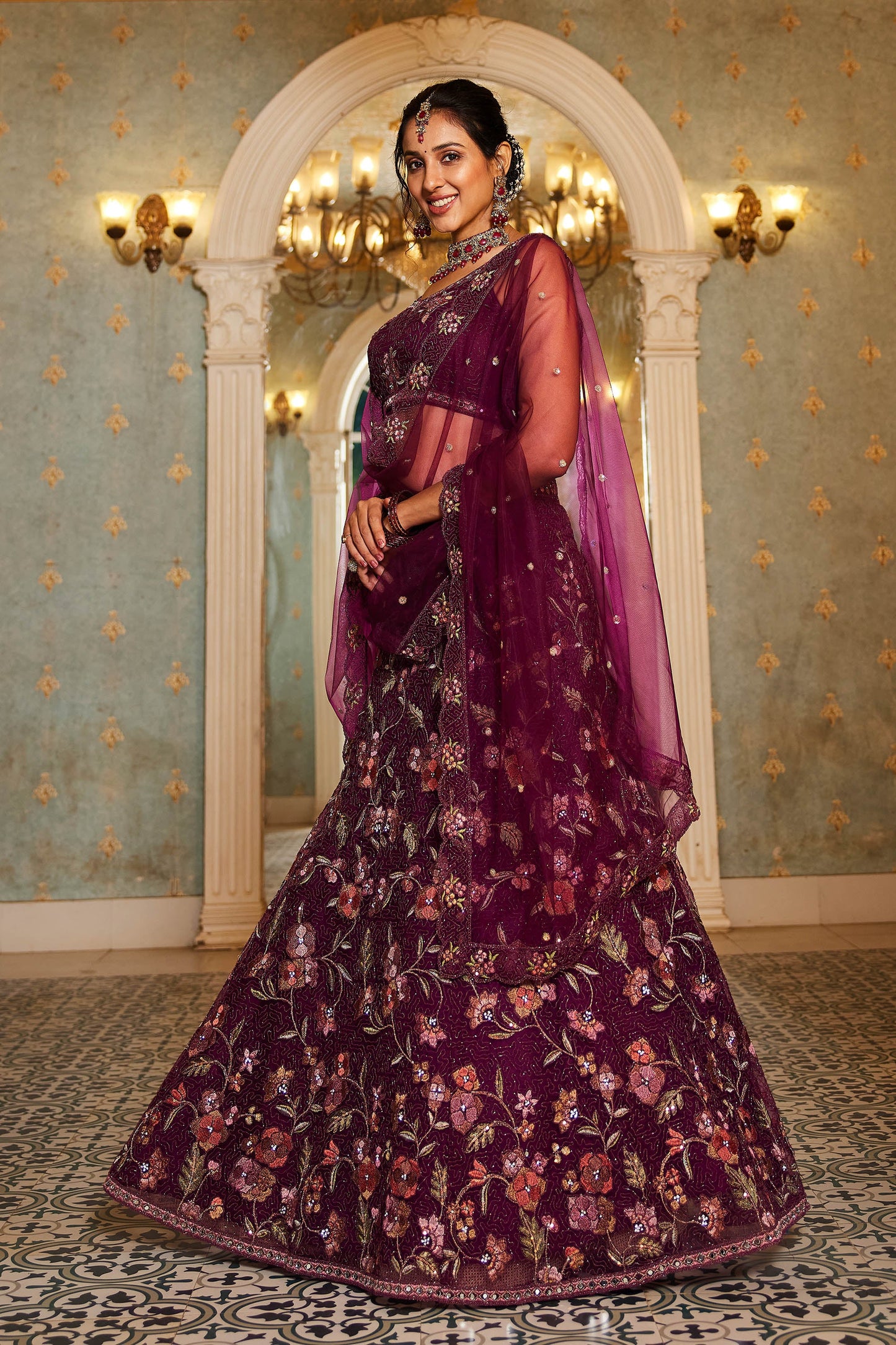 Burgundy net with Coding & Zarkan embroidery Lehenga choli & Dupatta