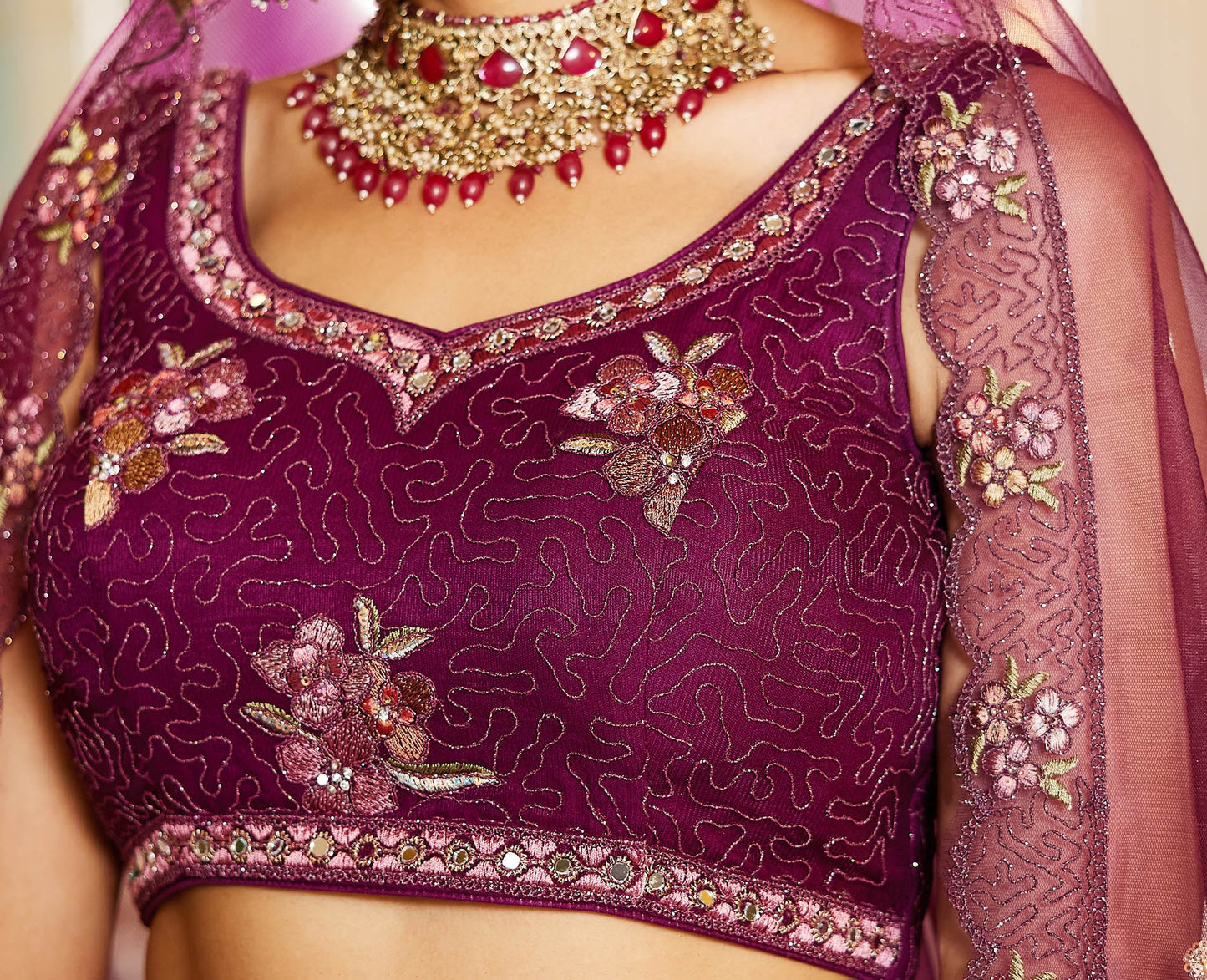 Burgundy net with Coding & Zarkan embroidery Lehenga choli & Dupatta