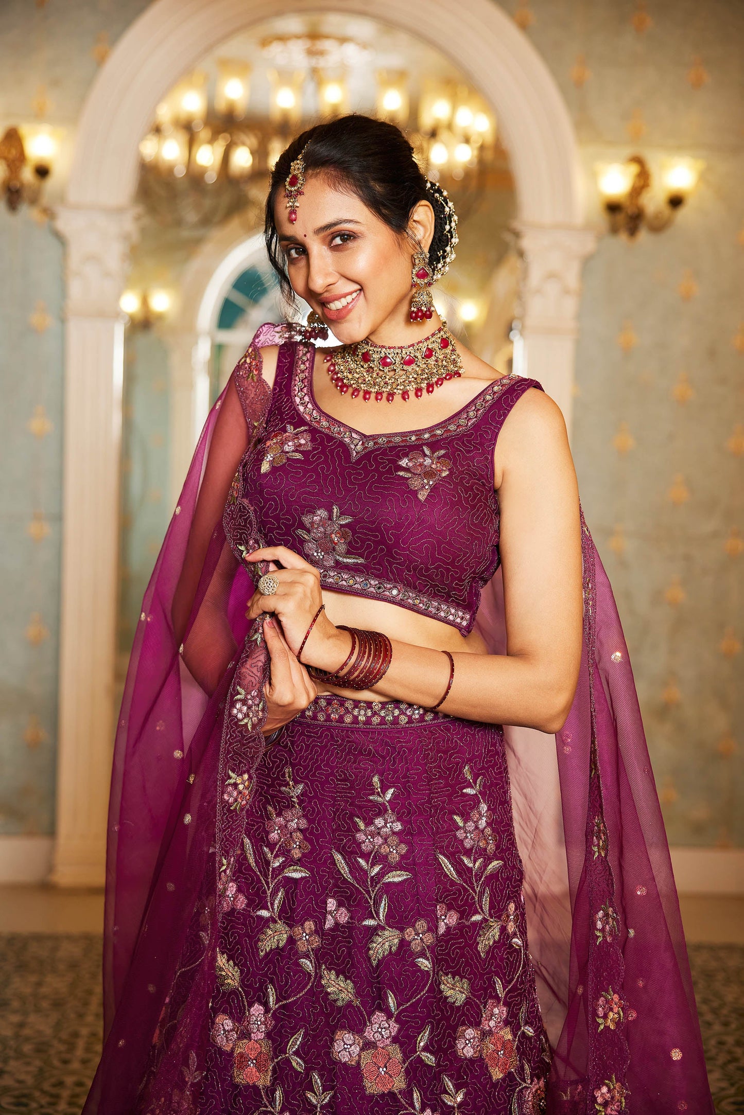 Burgundy net with Coding & Zarkan embroidery Lehenga choli & Dupatta