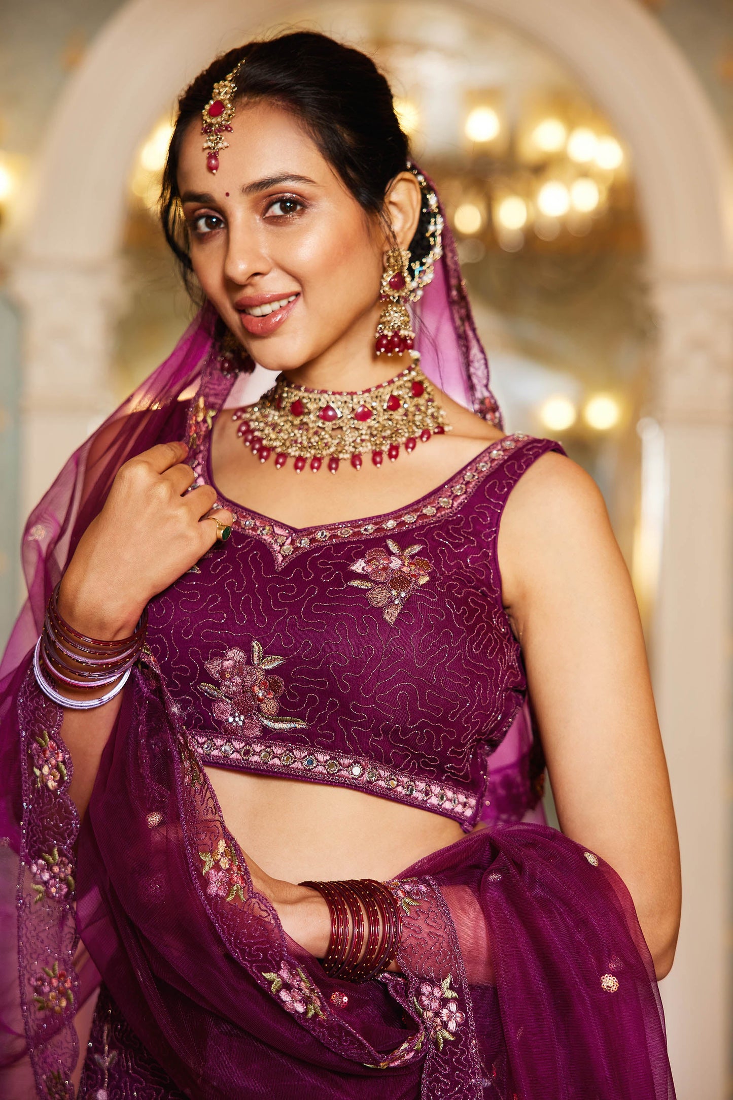Burgundy net with Coding & Zarkan embroidery Lehenga choli & Dupatta