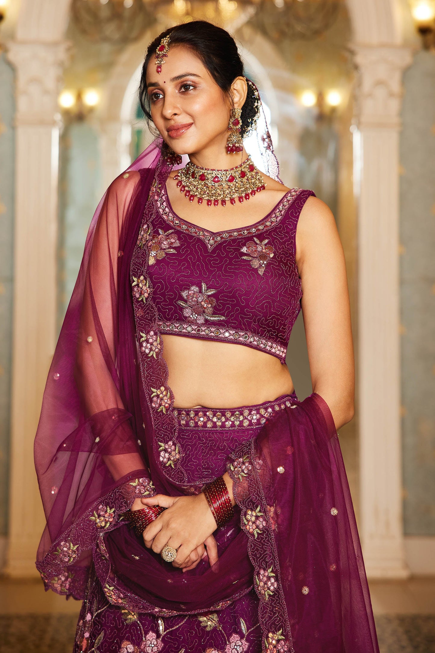 Burgundy net with Coding & Zarkan embroidery Lehenga choli & Dupatta