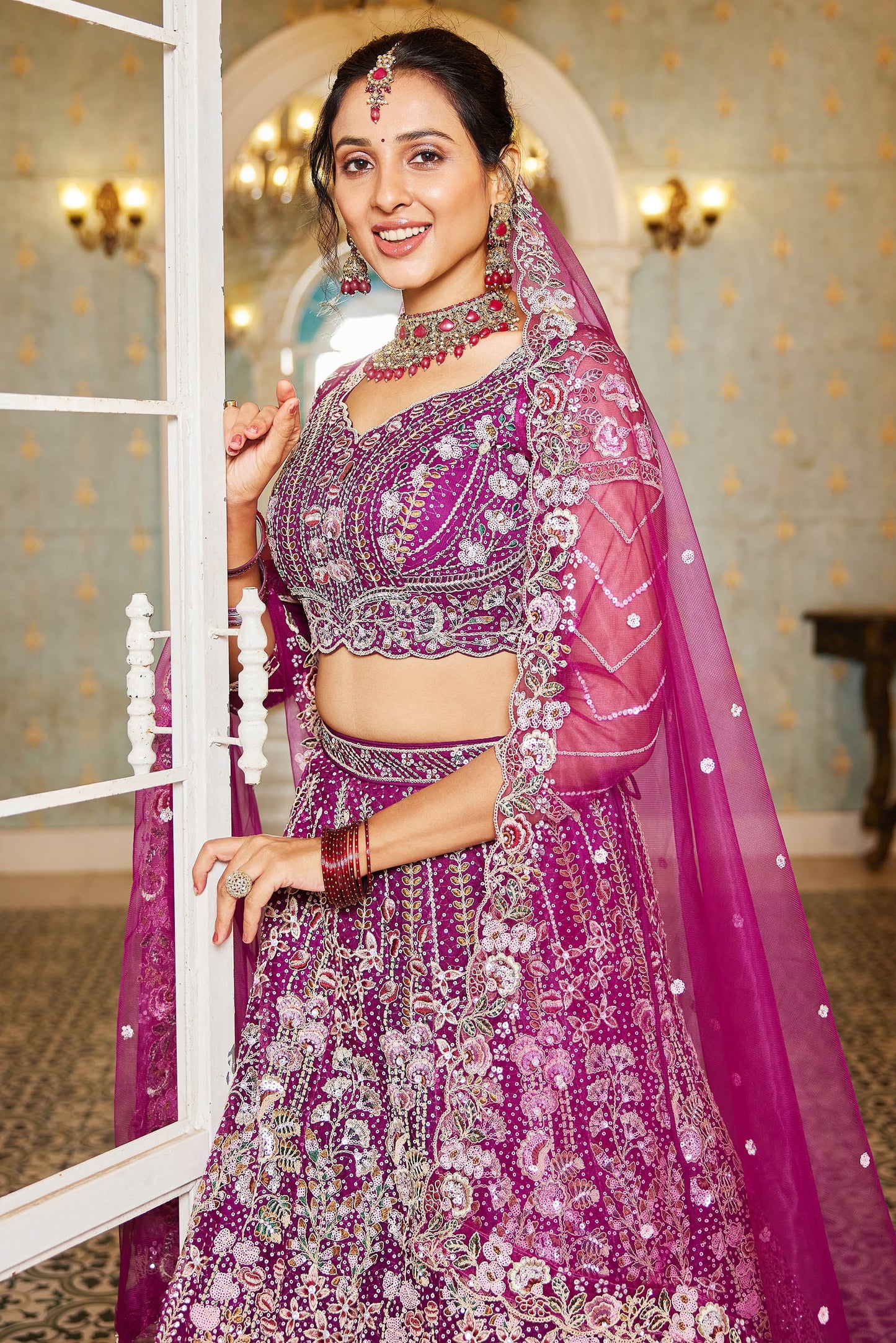 Burgundy net and Coding & Zarkan embroidery Lehenga choli & Dupatta