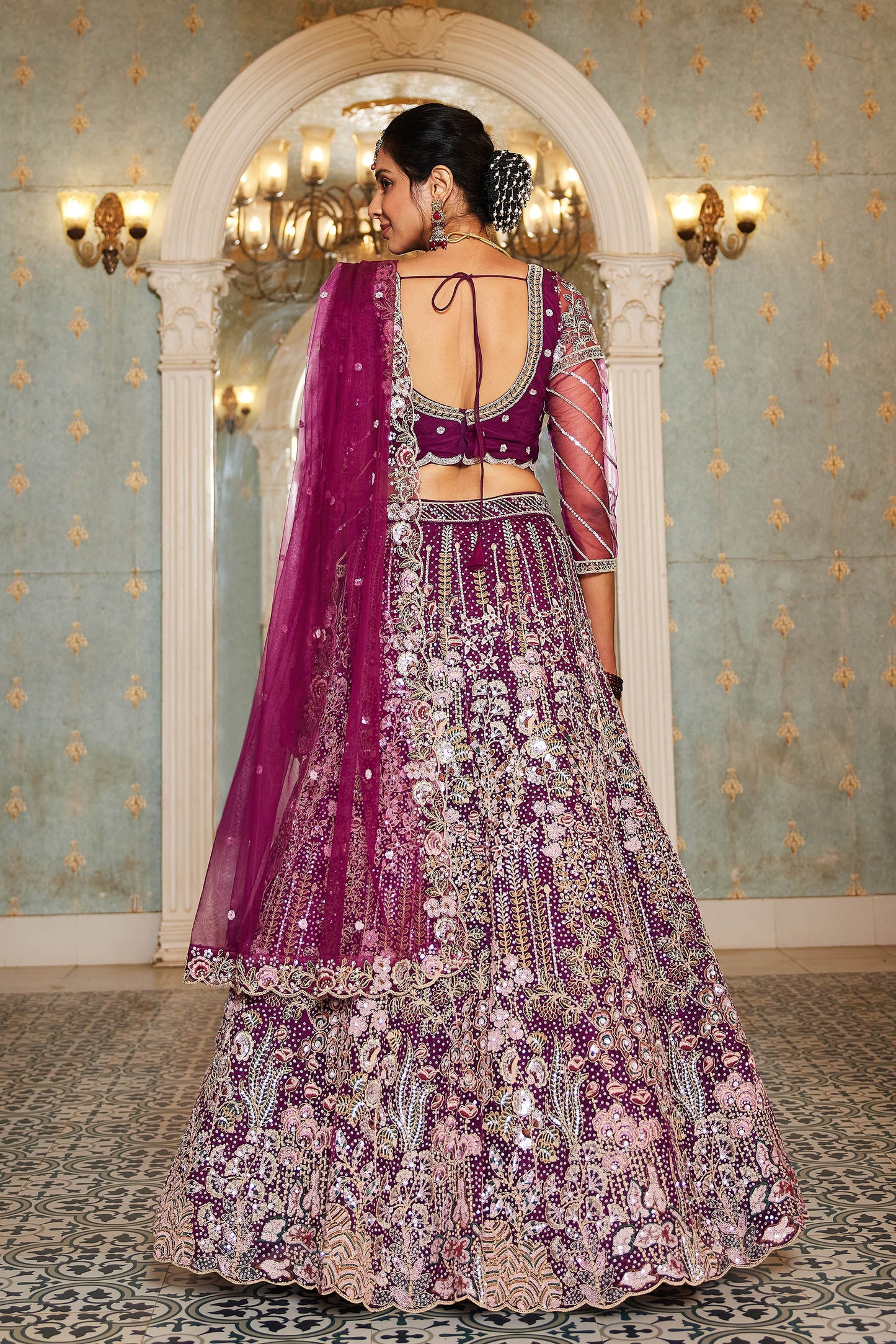 Burgundy net and Coding & Zarkan embroidery Lehenga choli & Dupatta