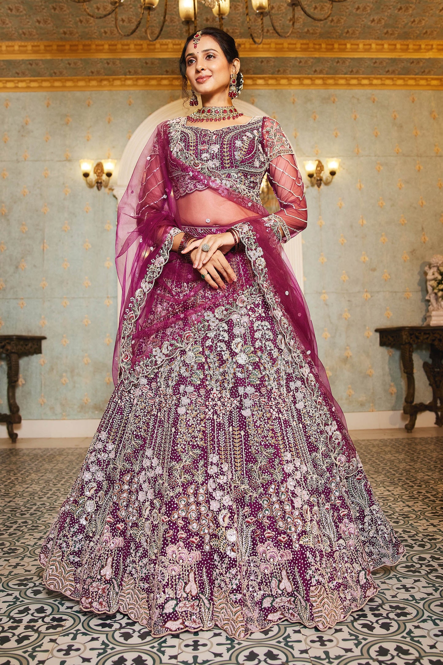 Burgundy net and Coding & Zarkan embroidery Lehenga choli & Dupatta