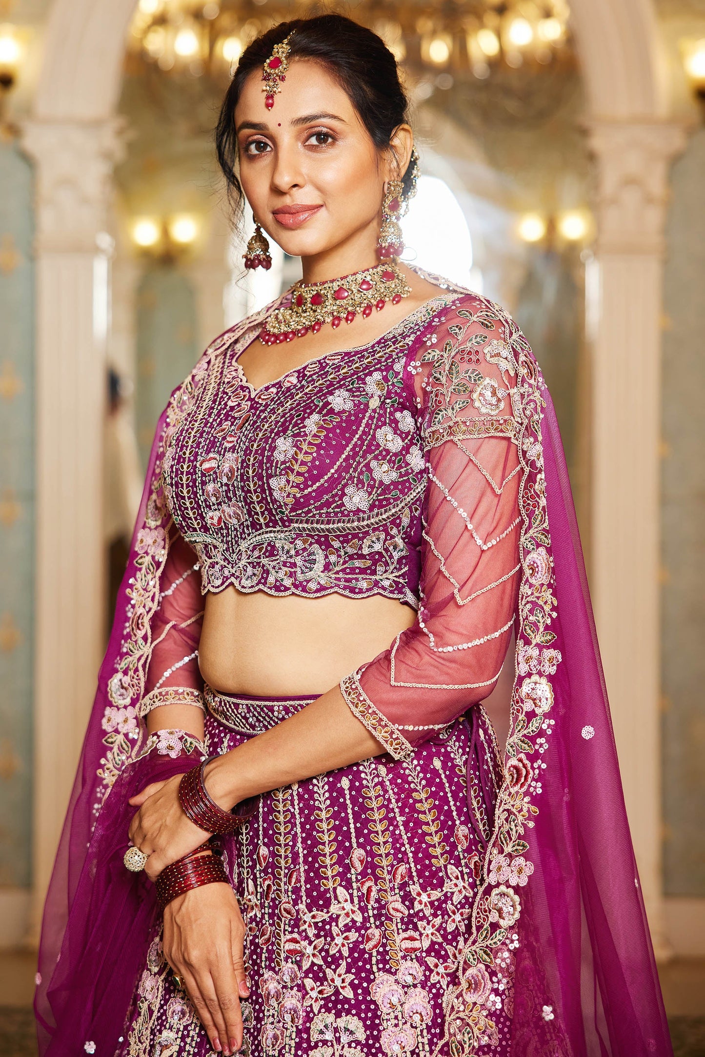 Burgundy net and Coding & Zarkan embroidery Lehenga choli & Dupatta