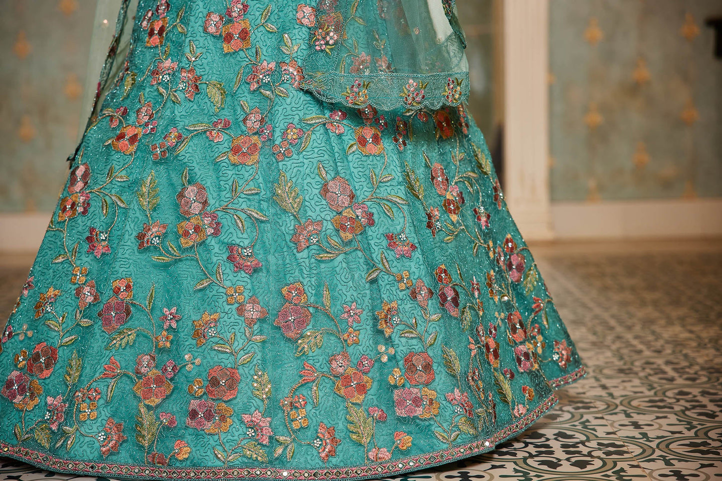 Lime Green net with Coding & Zarkan embroidery Lehenga choli & Dupatta