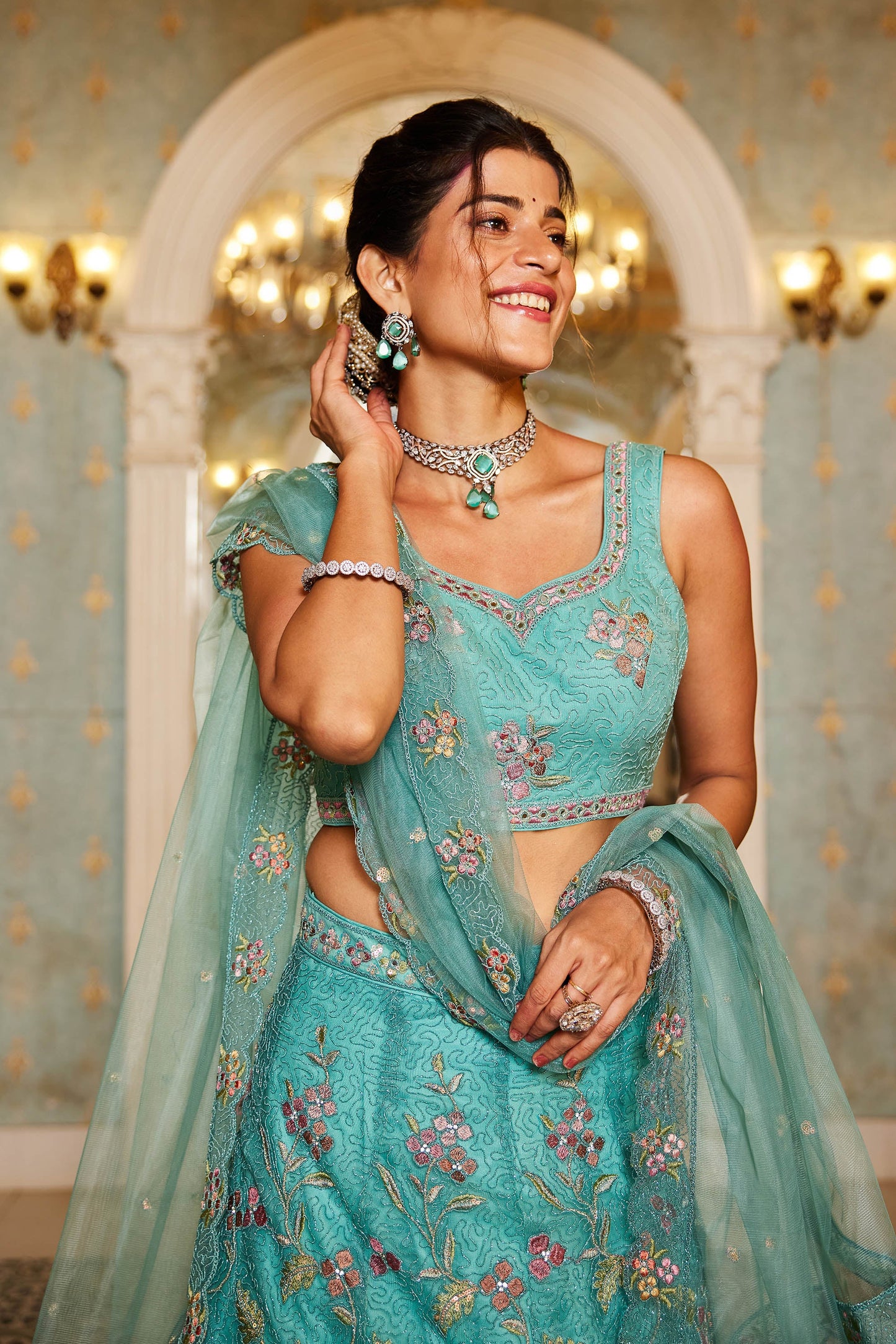 Lime Green net with Coding & Zarkan embroidery Lehenga choli & Dupatta